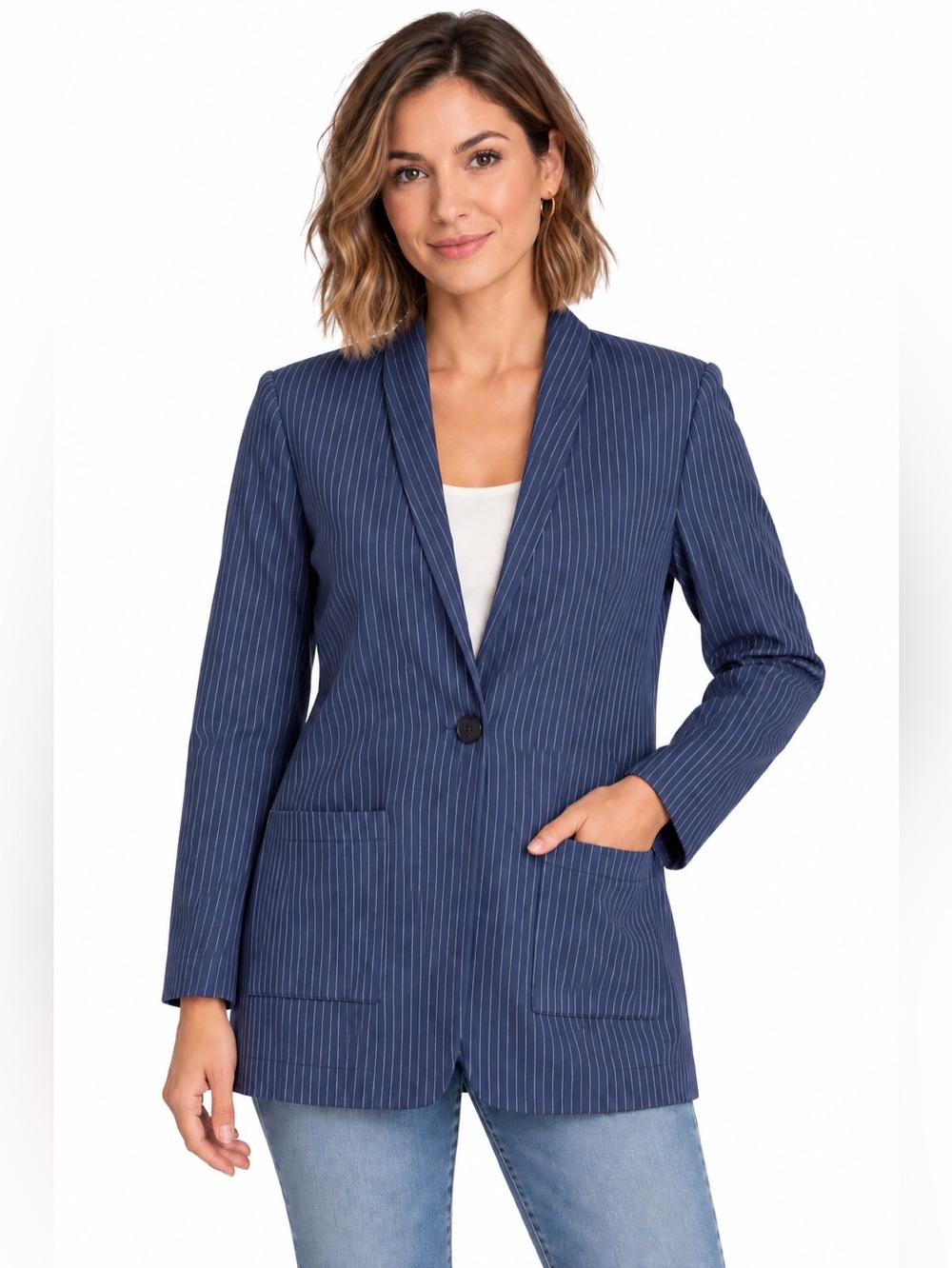 ICHI one button blazer jacket w/pockets women's size S striped navy blue colour